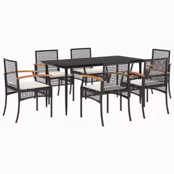 vidaXL Garden Dining Set 7 Piece with Cushions Outdoor Chair Black Poly Rattan
