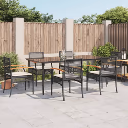 vidaXL 7 Piece Patio Dining Set with Cushions Black Poly Rattan