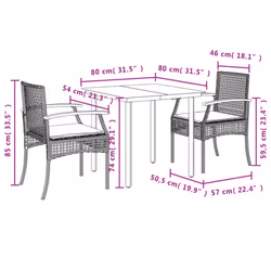 vidaXL Garden Dining Set 3 Piece with Cushions Outdoor Chair Grey Poly Rattan