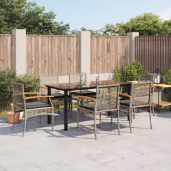 vidaXL 7 Piece Patio Dining Set with Cushions Gray Poly Rattan