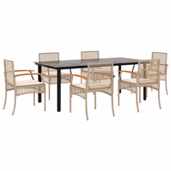 vidaXL Garden Dining Set 7 Piece with Cushions Outdoor Chair Beige Poly Rattan