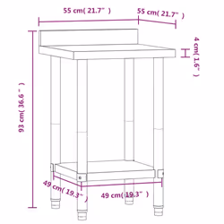 vidaXL Kitchen Work Table with Backsplash Prep Catering Table Stainless Steel - 55 x 55 x 93 cm
