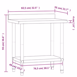 vidaXL Kitchen Work Table with Backsplash Prep Catering Table Stainless Steel - 82.5 x 55 x 93 cm - Additional view 3