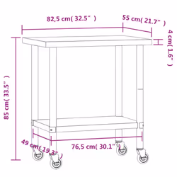 vidaXL Kitchen Work Table with Wheels Prep Catering Table Stainless Steel - 82.5 x 55 x 85 cm - Additional view 3