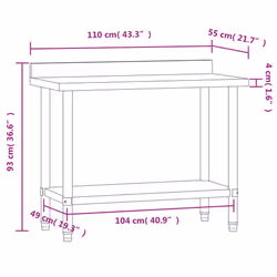 vidaXL Kitchen Work Table Food Prep Work Bench Catering Table Stainless Steel - 110 x 55 x 93 cm - Additional view 8