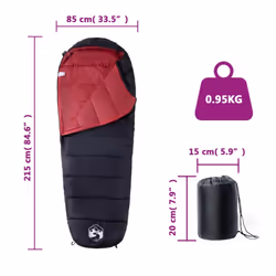 vidaXL Mummy Sleeping Bag for Adults Camping Hiking Sleeping Bag 3 Seasons - black and red