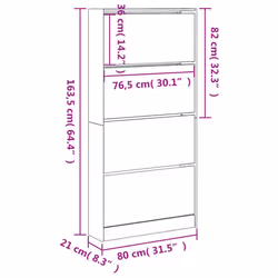 vidaXL Shoe Cabinet with 4 Flip-Drawers Shoe Storage Shelf Shoe Rack Cupboard - grey sonoma, 80 x 21 x 163.5 cm