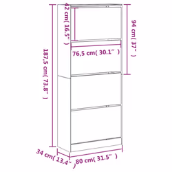 vidaXL Shoe Cabinet with 4 Flip-Drawers Shoe Storage Shelf Shoe Rack Cupboard - grey sonoma, 80 x 34 x 187.5 cm
