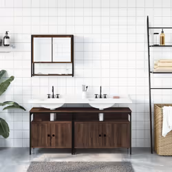 vidaXL Bathroom Furniture Set 3 Piece Sink Cabinet Smoked Oak Engineered Wood - brown oak
