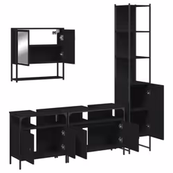 vidaXL Bathroom Furniture Set 4 Piece Mirror Cabinet Black Engineered Wood - Additional view 4