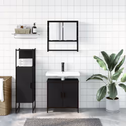 vidaXL Bathroom Furniture Set 3 Piece Mirror Cabinet Black Engineered Wood