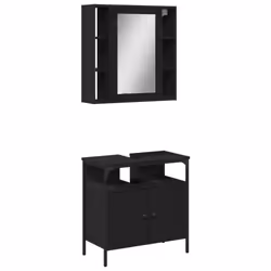 vidaXL Bathroom Furniture Set 2 Piece Mirror Cabinet Black Engineered Wood - black