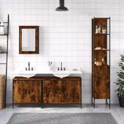 vidaXL Bathroom Furniture Set 4 Piece Sink Cabinet Brown Oak Engineered Wood - smoked oak