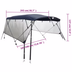 cm/with mesh) vidaXL 3-bow Bimini Top with Sidewalls UV-Proof Canvas Boat Canopy Awning - blue, 243 x (185-198