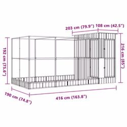 vidaXL Aviary with Extension Bird Cage Walk In Chicken Run Coop Silver Steel - 416 x 203 x 216 cm