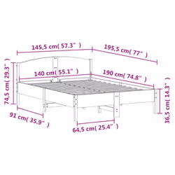 vidaXL Bed Frame with Headboard Bed Base White 140x200 cm Solid Wood Pine - white, 140 x 190 cm
