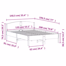 vidaXL Bed Frame with Headboard Bed Base White 140x200 cm Solid Wood Pine - white, 135 x 190 cm - Additional view 8