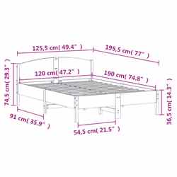 vidaXL Bed Frame with Headboard Bed Base White 140x200 cm Solid Wood Pine - white, 120 x 190 cm - Additional view 8