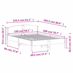 vidaXL Bed Frame with Headboard Bed Base White 140x200 cm Solid Wood Pine - white, 150 x 200 cm - Additional view 3