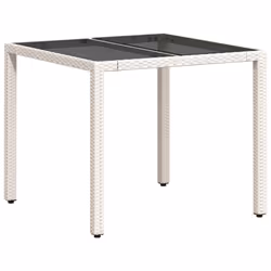 vidaXL Garden Table with Glass Top Outdoor Dining Table White Poly Rattan