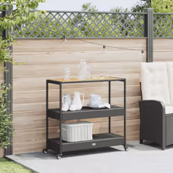 vidaXL Bar Cart 3-Tier Kitchen Trolley Black Poly Rattan and Solid Wood Acacia