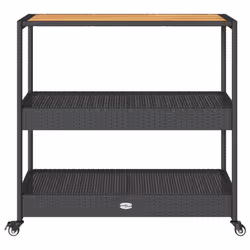 vidaXL Bar Cart 3-Tier Kitchen Trolley Black Poly Rattan and Solid Wood Acacia - Additional view 4