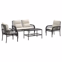 vidaXL Garden Sofa Set 4 Piece with Cushions Outdoor Sofa Black Poly Rattan