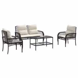vidaXL Garden Sofa Set 4 Piece with Cushions Outdoor Sofa Black Poly Rattan