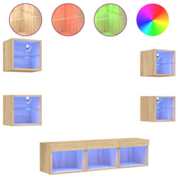 vidaXL TV Wall Units 7 Piece with LED Wall Mounted TV Cabinet Engineered Wood - sonoma oak