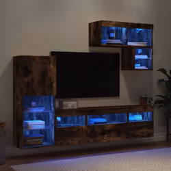 vidaXL TV Wall Units 6 Piece with LED Floating TV Cabinet Engineered Wood - smoked oak - Additional view 4