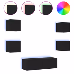 vidaXL TV Wall Cabinets with LED Lights 5 Piece Floating TV Wall Unit TV Stand - black