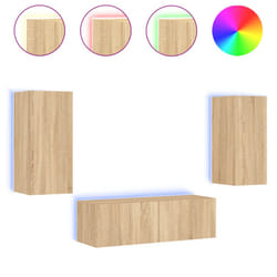 vidaXL TV Wall Cabinets with LED Lights 3 Piece Floating TV Wall Unit TV Stand - sonoma oak
