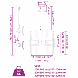 vidaXL TV Ceiling Mount for 32-65 Inch Screen Max VESA TV Wall Bracket 40 kg