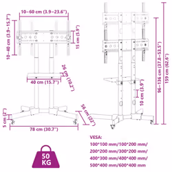 vidaXL TV Stand on Wheels 32-90 Inch Screen Max VESA TV Cabinet Monitor Stand - 50 kg