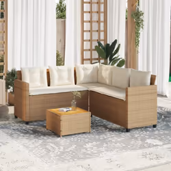vidaXL Garden Sofa with Table and Cushions Outdoor L-shaped Sofa Poly Rattan - beige, wood