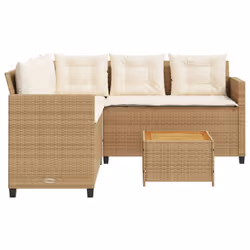 vidaXL Garden Sofa with Table and Cushions Outdoor L-shaped Sofa Poly Rattan - beige, wood - Additional view 5