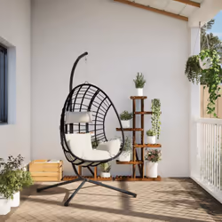 vidaXL Hanging Egg Chair with Stand Patio Hammock Chair Beige Rattan and Steel