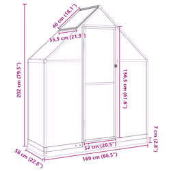 vidaXL Greenhouse with Base Frame Garden Walk in Plant Grow House Aluminium - silver, 169 x 58 x 202 cm - Additional view 3