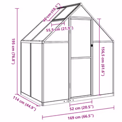 vidaXL Greenhouse with Base Frame Garden Walk in Plant Grow House Aluminium - anthracite, 169 x 114 x 195 cm - Additional view 3