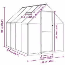 vidaXL Greenhouse with Base Frame Garden Walk in Plant Grow House Aluminium - silver, 224 x 169 x 195 cm - Additional view 9