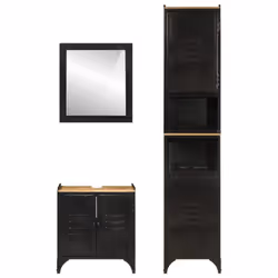 vidaXL Bathroom Furniture Set 3 Piece Sink Cabinet Iron and Solid Wood Mango - black