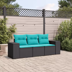 vidaXL 3 Piece Patio Sofa Set with Cushions Black Poly Rattan