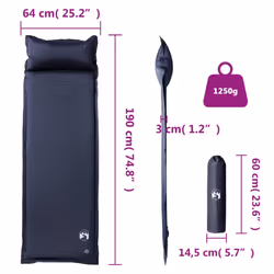 vidaXL Self Inflating Camping Mattress & Pillow 1-Person Sleeping Mat Grey - grey, 190 x 64 x 3 cm