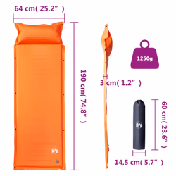 vidaXL Self Inflating Camping Mattress & Pillow 1-Person Sleeping Mat Grey - orange, 190 x 64 x 3 cm