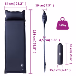 vidaXL Self Inflating Camping Mattress & Pillow 1-Person Sleeping Mat Grey - grey, 195 x 64 x 4,5 cm