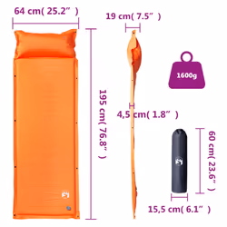 vidaXL Self Inflating Camping Mattress & Pillow 1-Person Sleeping Mat Grey - orange, 195 x 64 x 4,5 cm - Additional view 3