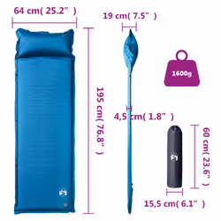 vidaXL Self Inflating Camping Mattress & Pillow 1-Person Sleeping Mat Grey - turquoise, 195 x 64 x 4,5 cm - Additional view 4