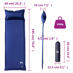 vidaXL Self Inflating Camping Mattress & Pillow 1-Person Sleeping Mat Grey - navy blue, 195 x 64 x 4,5 cm - Additional view 4