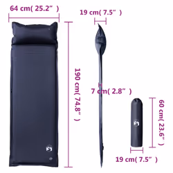vidaXL Self Inflating Camping Mattress & Pillow 1-Person Sleeping Mat Grey - grey, 190 x 64 x 7 cm