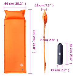 vidaXL Self Inflating Camping Mattress & Pillow 1-Person Sleeping Mat Grey - orange, 190 x 64 x 7 cm - Additional view 4